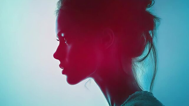 Woman illuminated by red and blue neon lights, profile portrait