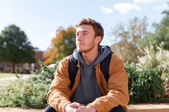 Man wearing a brown jacket and a gray hoodie is sitting on a bench