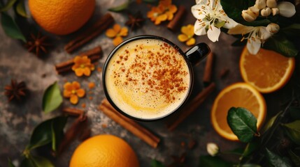 Warm spiced beverage surrounded by fresh oranges and aromatic spices in a cozy, inviting setting