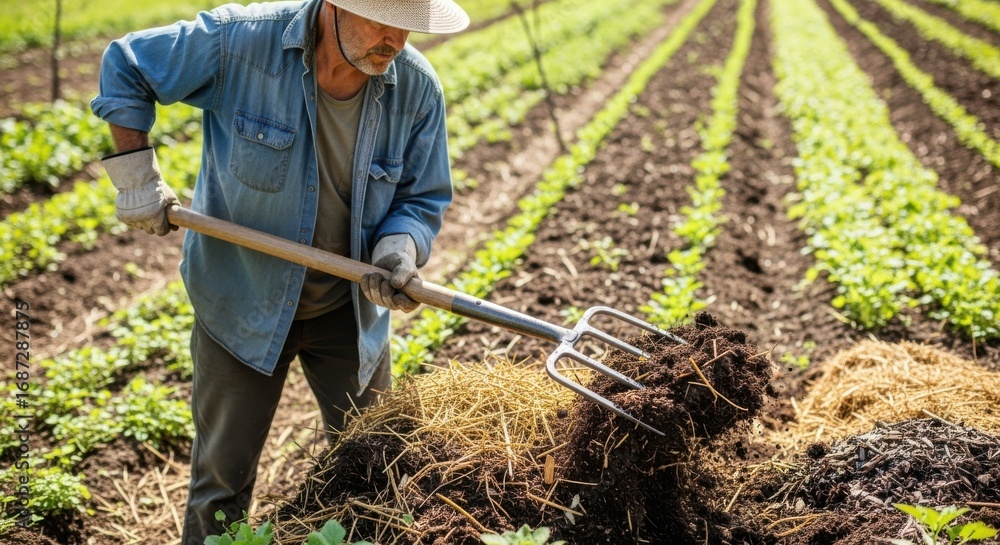 Poster Gardener using a metal tool to turn and aerate soil while incorporating natural amendments for optimal crop growth.