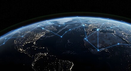 Earth view from space with illuminated cities and a network of connecting lines overlaid.