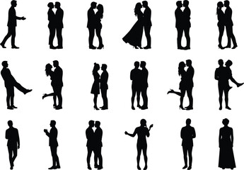 Romantic couple silhouettes, love relationship icons, ction, kissing hugging dancing figures, black vector artwork, wedding romance design, emotional connection concept illustration