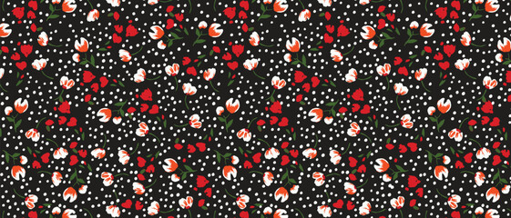 Vector art of seamless pattern of small red flowers and white dots on a, perfect for fabric or wallpaper design