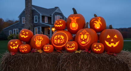 Illuminated carved pumpkins arranged on hay bales before a house at dusk.