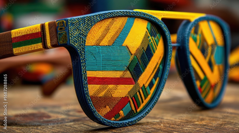 Poster medium shot of uniquely patterned aviator 3d printed sunglasses resting on a wood surface with the b