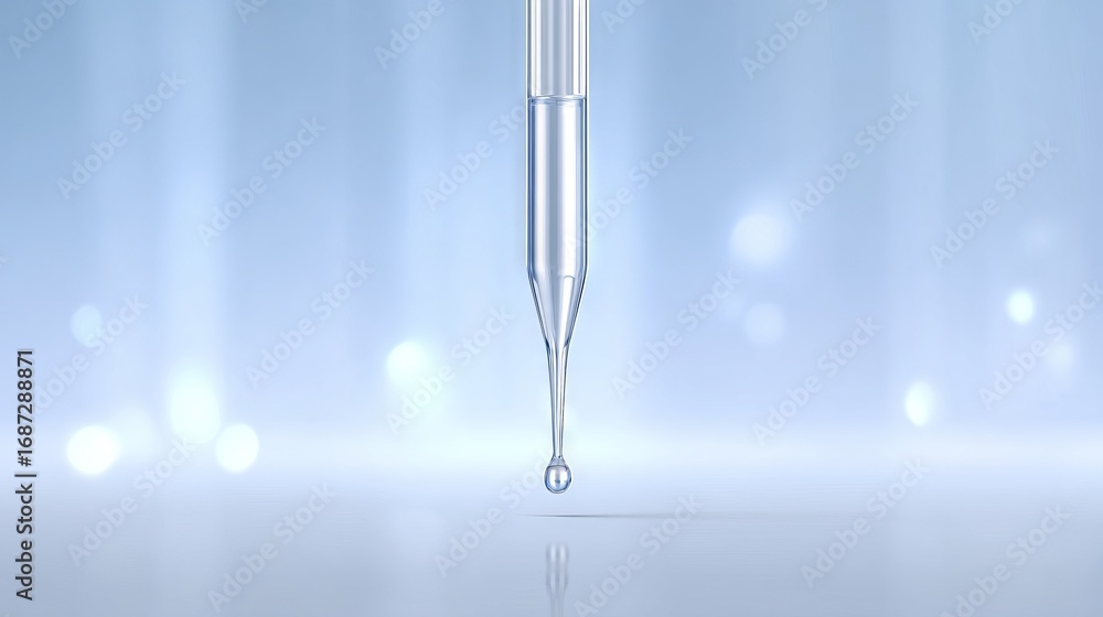 Poster clear glass dropper suspended above a reflective surface, with a droplet poised to fall, creating a 