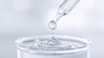 Close-up of a dropper releasing a droplet of clear liquid into a glass container, showcasing the beauty of fluid dynamics and precision in a laboratory setting