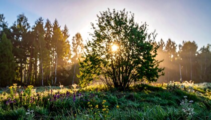 Sunrise through tree in meadow