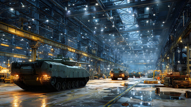 Advanced Russian arms manuacturing facility showcasig modern tanks and militar vehicles in a large indusrial setting