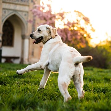 Playful yellow lab in a park