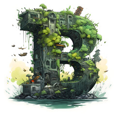 Letter &ldquo;B&rdquo; made of mechanical parts and green foliage in 3D illustration