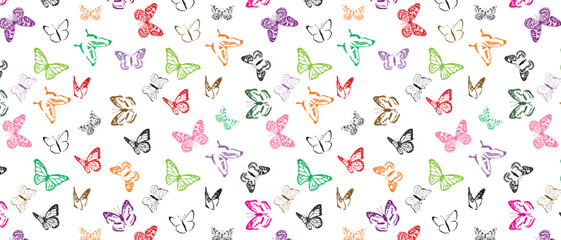 Vector art of a vibrant and colorful seamless pattern of many small butterflies in various colors, isolated on a