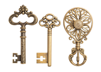 set of antique keys isolated on white background. PNG Transparent file type with high definition quality And vibrant color grading Available.