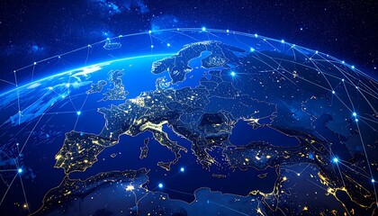 European continent, illuminated at night, connected by a network