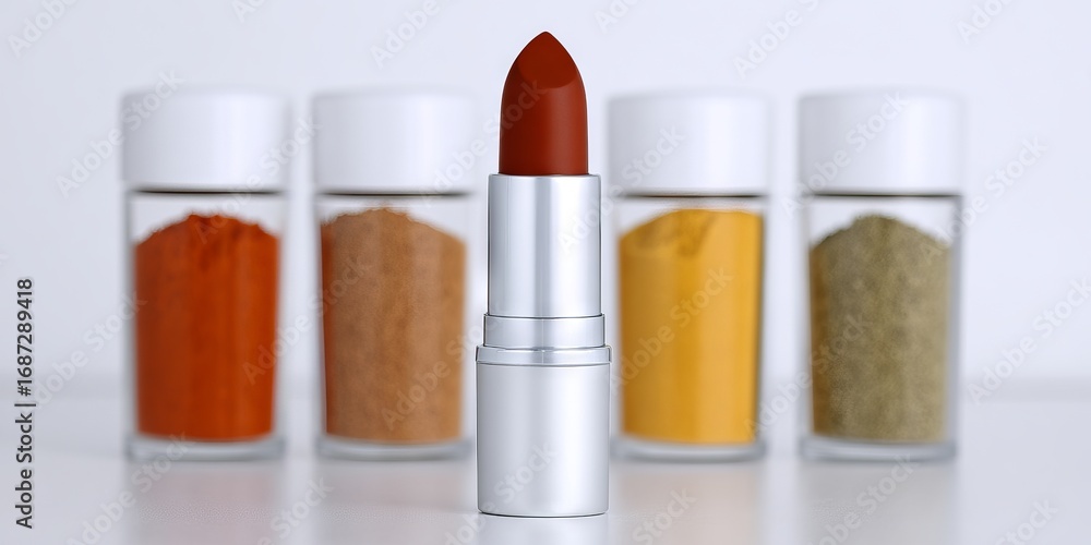 Poster bold red lipstick stands prominently in front of colorful spice jars, showcasing vibrant hues and te