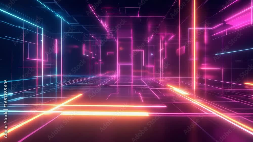 Poster futuristic neon glowing lines creating abstract digital virtual space