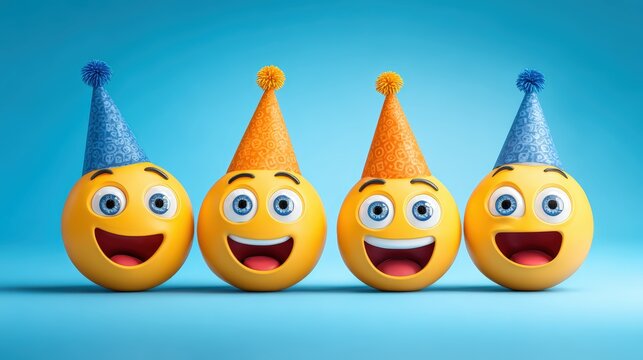Four colorful happy cartoon smiley face ball characters wea party hats celebrating with cheerful expressions on blue background