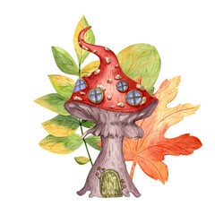 Whimsical Watercolor Mushroom House Illustration, a charming fairytale dwelling with a vibrant red cap, surrounded by autumn leaves, perfect for fantasy designs or seasonal greeting cards. Transparent