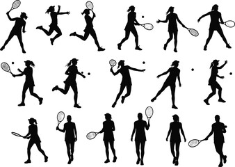 Tennis player silhouettes, black vector poses, action racket motion, athletic sports design, competitive match illustration, outdoor game icon, dynamic figure artwork, fitness concept