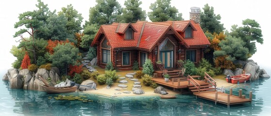 Obraz premium Island Log Cabin Lakeside Retreat.