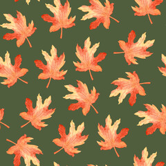 Seamless Watercolor Autumn Leaves Pattern, a decorative texture and seasonal motif featuring vibrant fall foliage on a deep green background, ideal for fabric, gift wrap, or digital wallpapers.