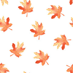 Seamless Watercolor Autumn Maple Leaves Pattern, a vibrant decorative texture and seasonal motif featuring scattered fall foliage on a Transparent background, ideal for fabric, wrapping paper.