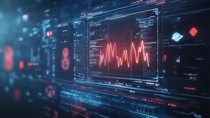 Futuristic interface displaying complex data and red graph - Powered by Adobe