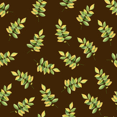 Naklejka premium Seamless Watercolor Green Leaves Pattern, a decorative texture and botanical motif featuring fresh verdant branches and foliage on an earthy brown background, ideal for fabric, gift wrap