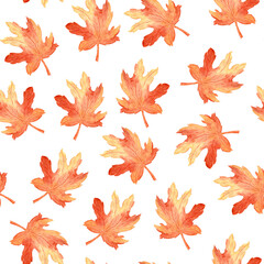 Seamless Watercolor Autumn Leaves Pattern, a vibrant decorative texture and seasonal motif featuring scattered fall foliage on a transparent background, ideal for fabric, wrapping paper