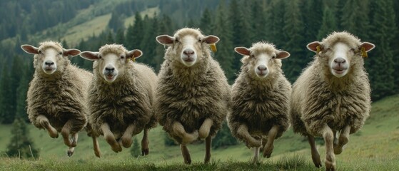 A group of five fluffy sheep jumping together in a lush green meadow with forested hills in the background on a bright day