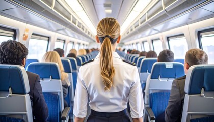 Flight attendant in airplane cabin