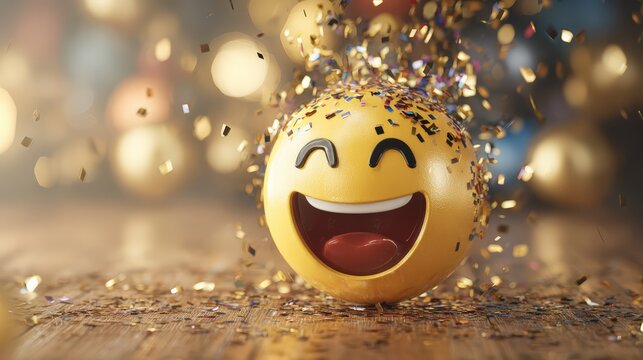 Close-up of a gold laughing emoji ball with a wide smile and open mouth, surrounded by colorful confetti and blurred background, celebrating joy and happiness - Powered by Adobe