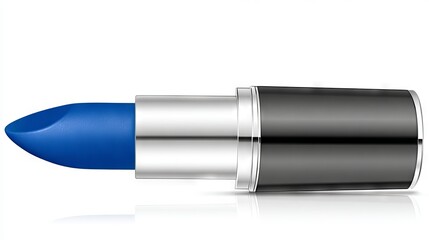 Bold blue lipstick in a sleek silver and black tube, showcasing vibrant color and modern design, perfect for beauty and cosmetic product promotion