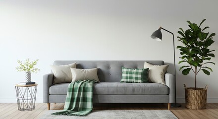 Naklejka premium Modern living room interior featuring a gray sofa with green accents decor