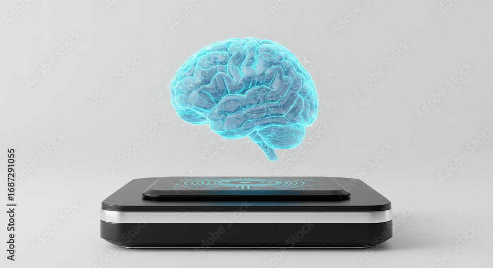 Poster 3d rendering of a glowing digital brain hologram projected from a smart device, symbolizing innovati