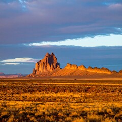 Sunset over desert rock formation
