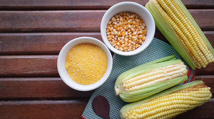 types of corn texture, yellow canjica, popcorn corn on a wooden background and with space for text
