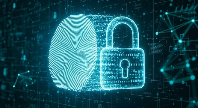 Digital fingerprint and padlock symbolizing cybersecurity, data protection, and privacy