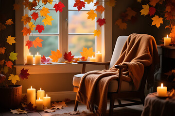 Cozy Autumn Corner – Armchair with Blanket and Candles by the Window