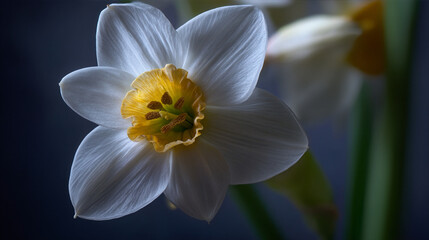 Fototapeta premium A close up of a white daffodil with a yellow center against a dark blurry background