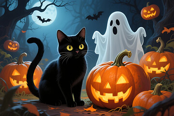 Fototapeta premium Black Cat and Ghost on Halloween Night – Spooky Pumpkin Scene with Full Moon