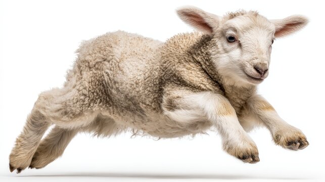 Adorable baby sheep or lamb in mid-air jumping with playful expression and fluffy wool on white background