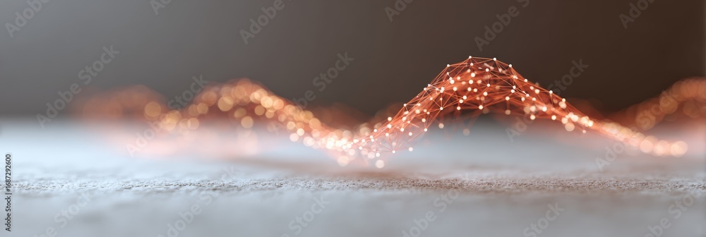 Poster complex network of interconnected nodes glowing orange and hovering over a textured white surface, r