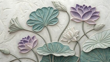 Ai generated image of artistic drawing of lotus leaves in muted green grey and purple etched stone relief