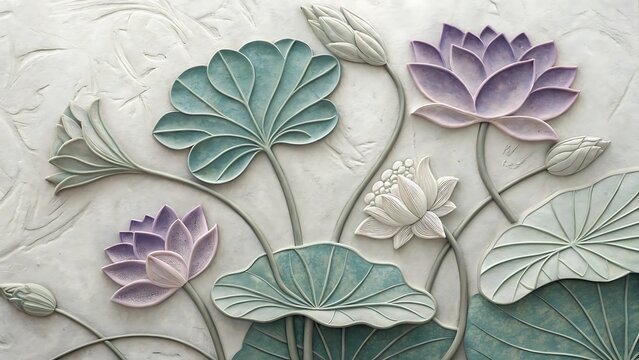 Ai generated image of artistic drawing of lotus leaves in muted green grey and purple etched stone relief