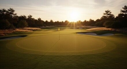 Golden Hour on the Golf Course: Sunlit Green with Flag and Distant Bunkers