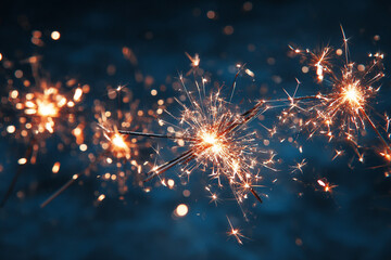 Fototapeta premium Bright sparkling fireworks light trails against a dark blue background creating a festive mood