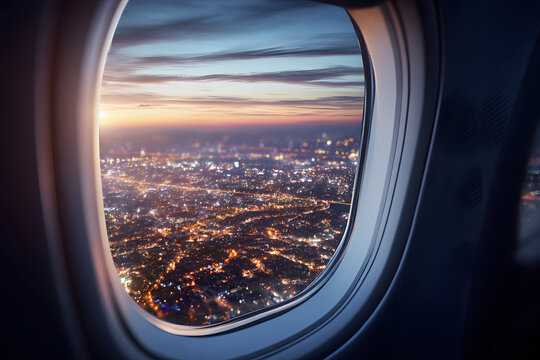 Aerial view of vibrant city lights seen through an airplane window during sunset - Powered by Adobe