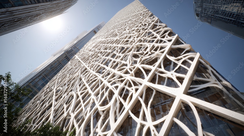 Poster crisp medium shot highlighting the intricate lattice facade of a contemporary tower main design elem