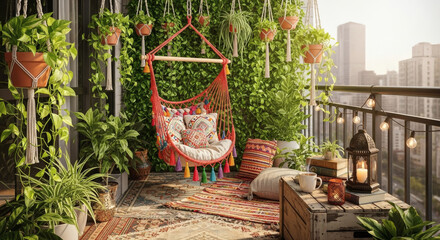 A cozy bohemian balcony nook in the city. A colorful hanging hammock chair, layered patterned rugs, lots of pillows, and dozens of trailing plants (pothos, string of pearls) creating a green oasis